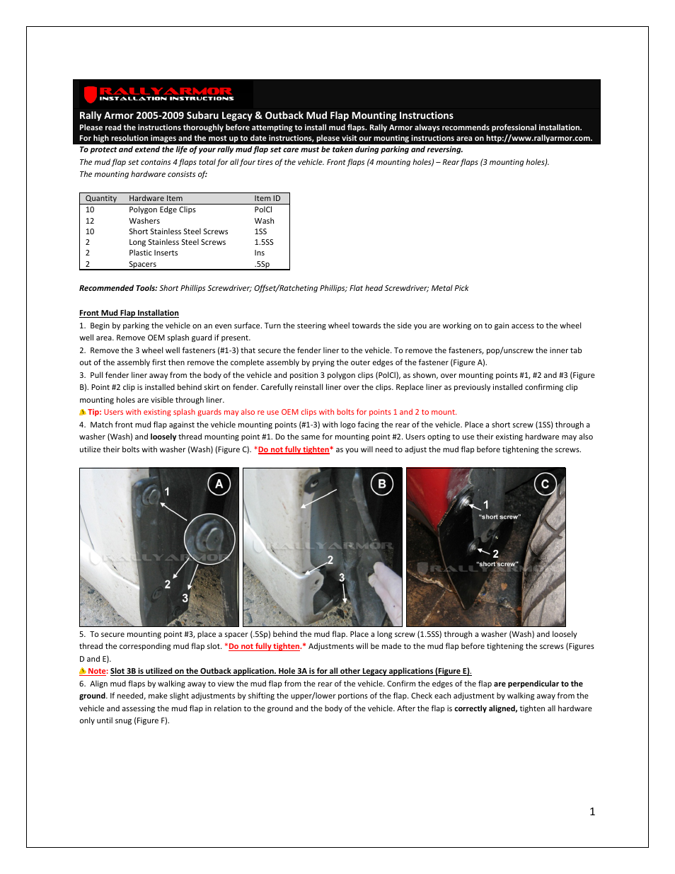 Rally Armor 05 to 09 Subaru Legacy User Manual | 2 pages