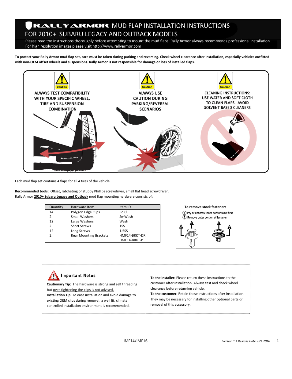Rally Armor 10-14 Subaru Outback User Manual | 3 pages