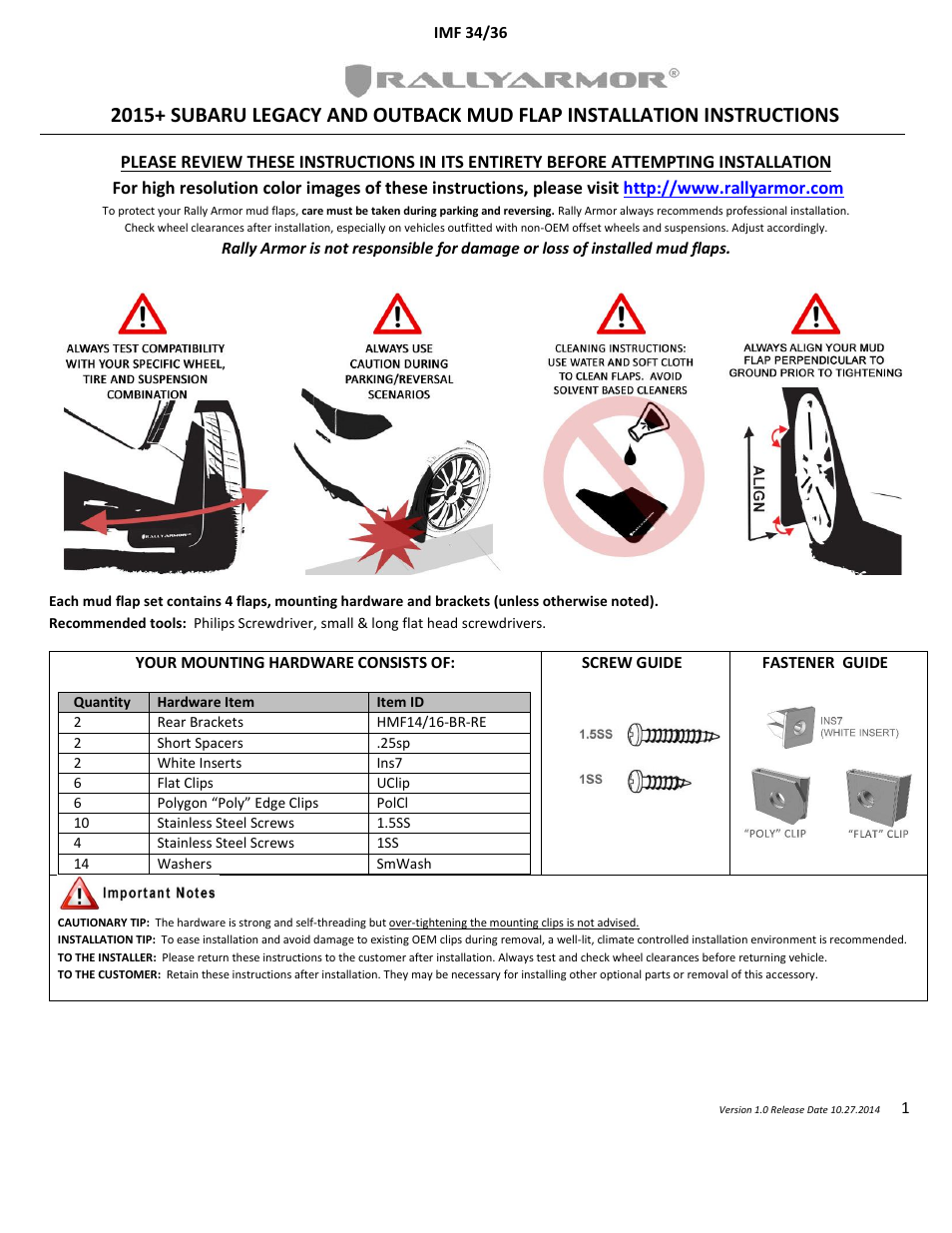 Rally Armor 2015+ Subaru Outback User Manual | 4 pages