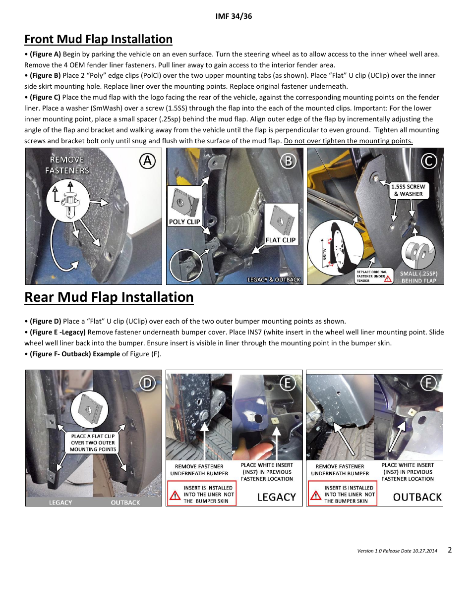 Rear mud flap installation, Front mud flap installation | Rally Armor 2015+ Subaru Outback User Manual | Page 2 / 4