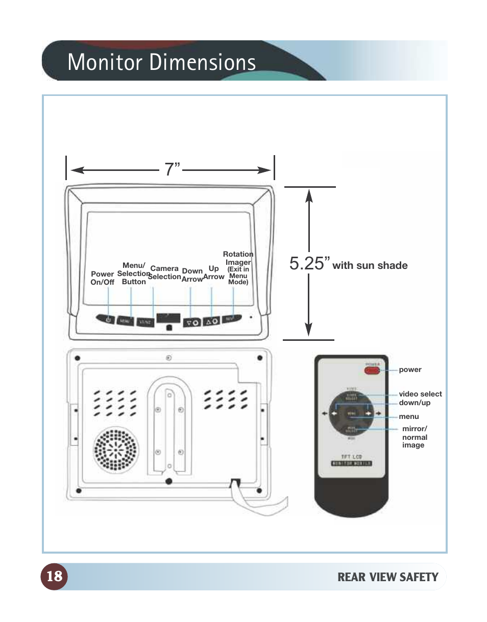 Monitor dimensions, Rear view safety | RearviewSafety RVS-770613 User Manual | Page 18 / 26