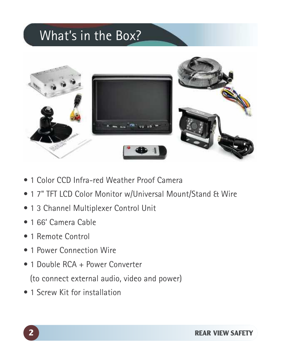 What’s in the box | RearviewSafety RVS-770613 User Manual | Page 2 / 26