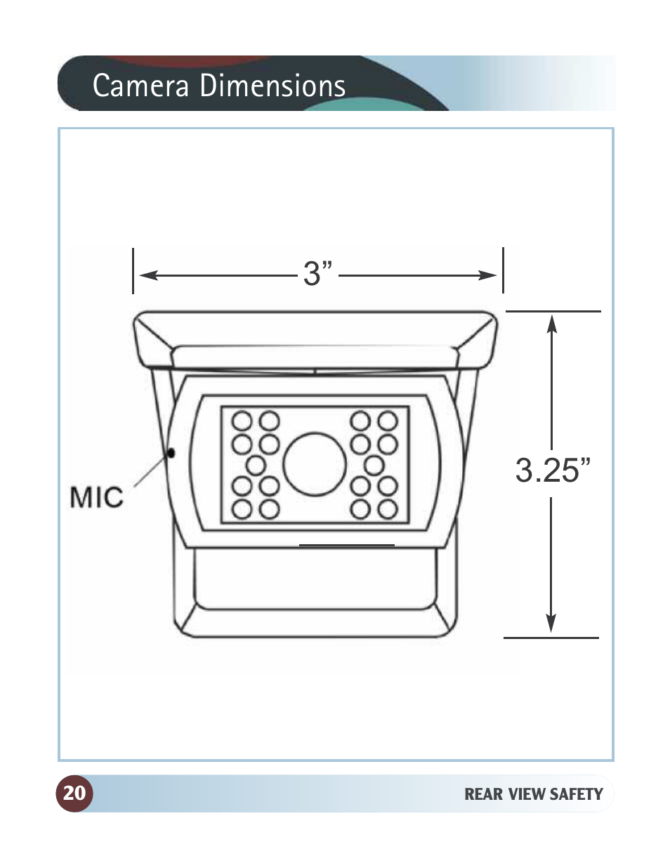 Camera dimensions 3” 3.25 | RearviewSafety RVS-770613 User Manual | Page 20 / 26