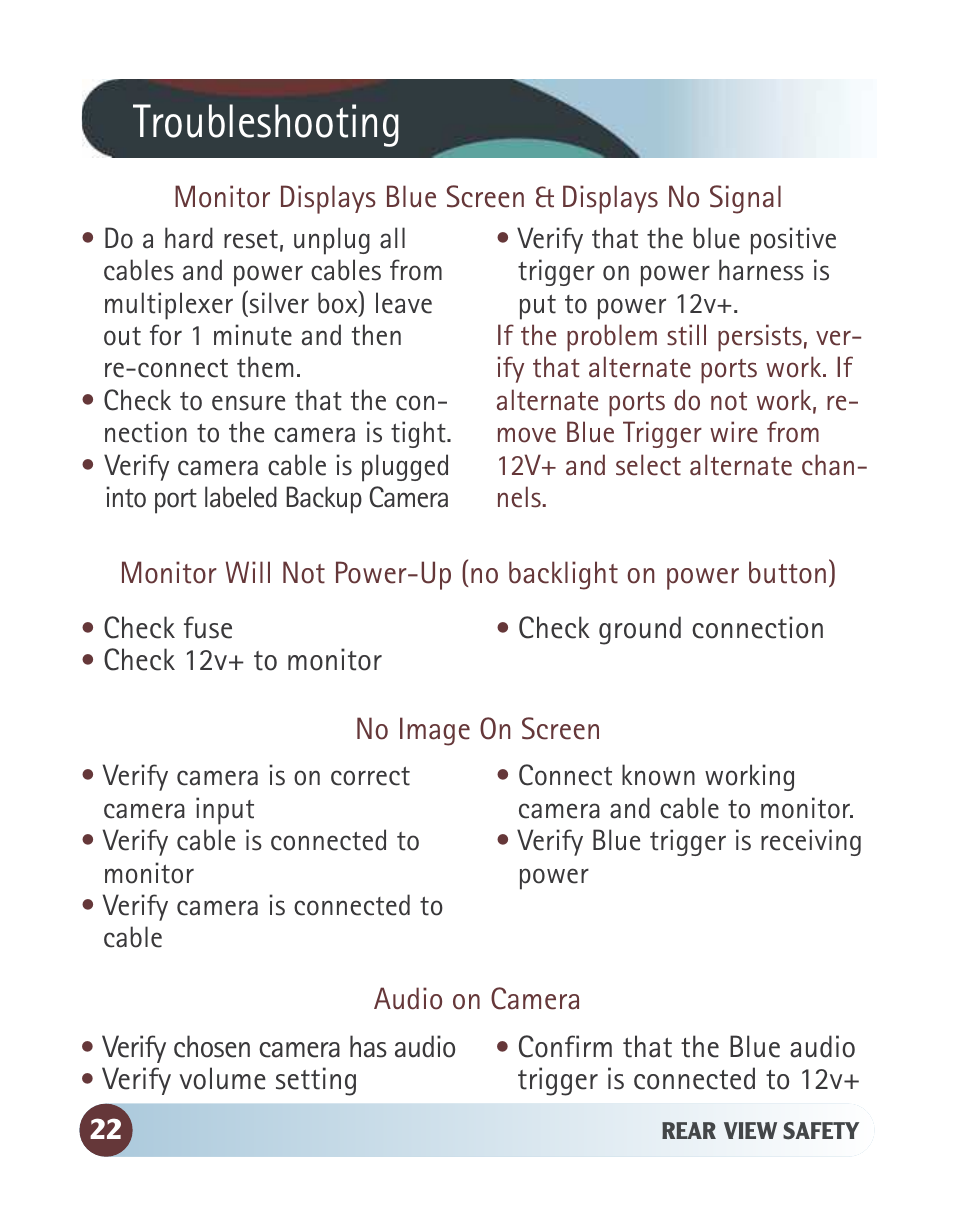Troubleshooting | RearviewSafety RVS-770613 User Manual | Page 22 / 26
