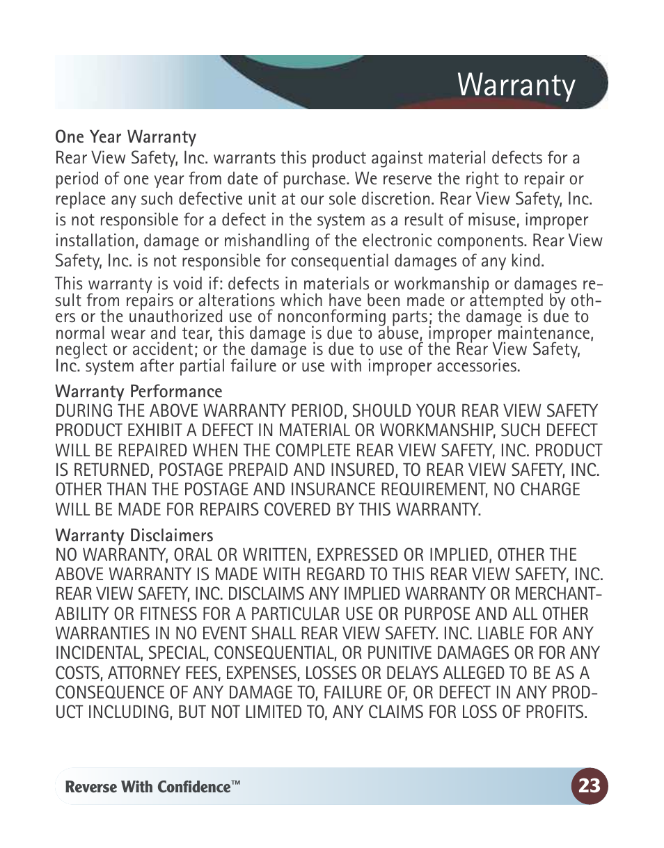 Warranty | RearviewSafety RVS-770613 User Manual | Page 23 / 26