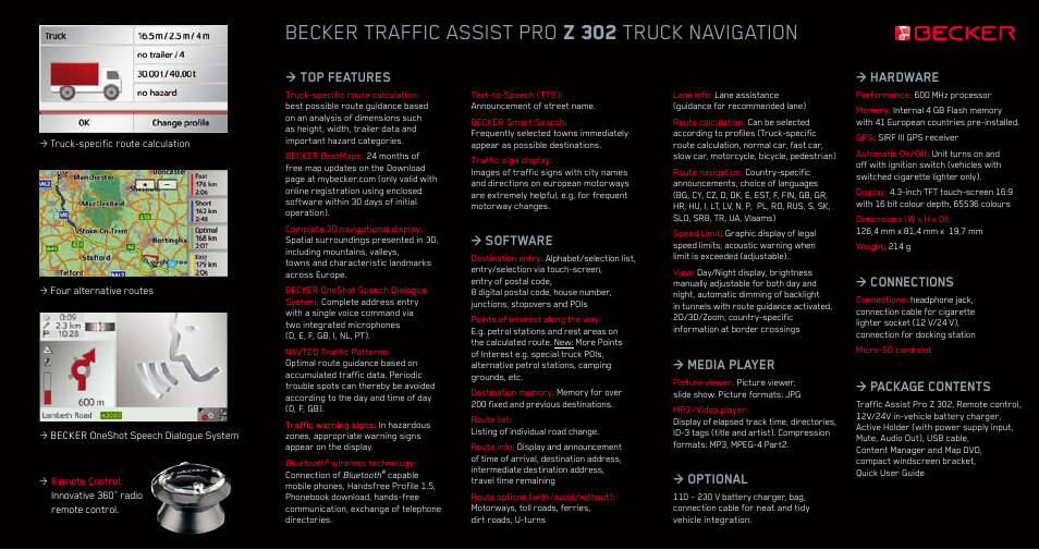 Becker traffic assist pro z 302 truck navigation, Top features, Software | Hardware, Media player, Connections, Package contents, Optional | Becker Designed BECKER TRAFFIC ASSIST PRO TRUCK NAVIGATION Z 302 User Manual | Page 2 / 2