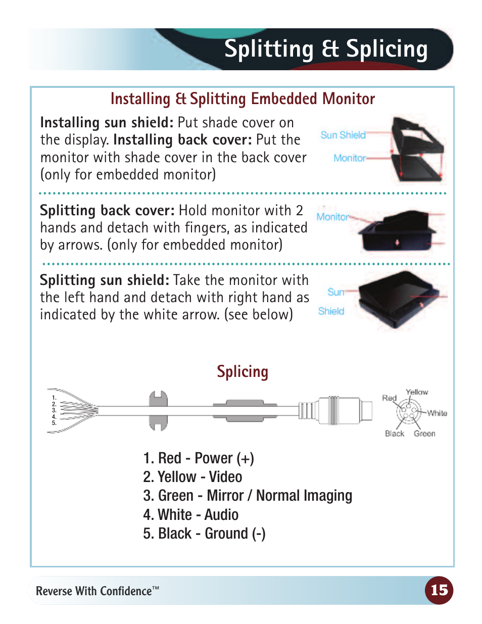 Splitting & splicing, Installing & splitting embedded monitor, Splicing | RearviewSafety RVS-770615 User Manual | Page 15 / 27