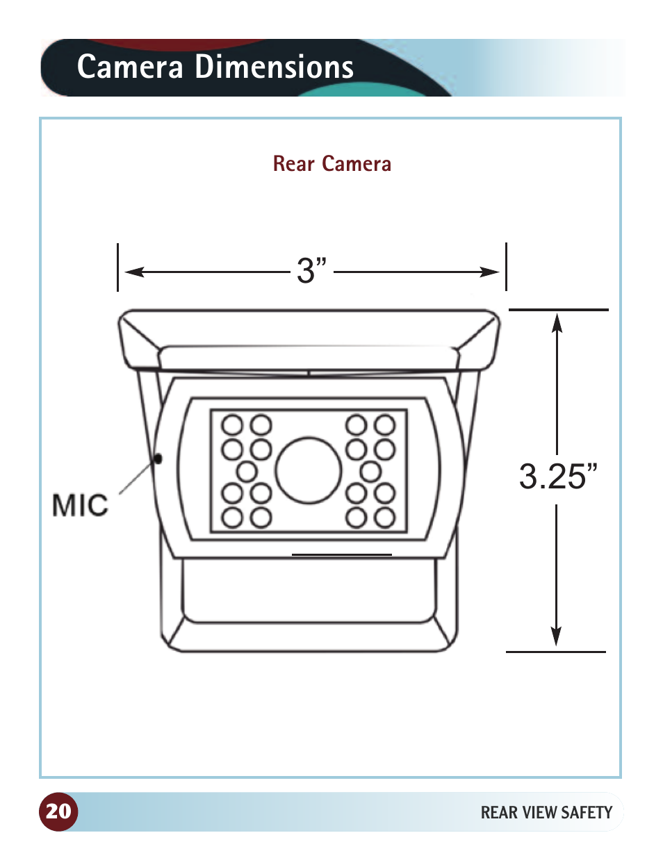 Camera dimensions 3” 3.25 | RearviewSafety RVS-770615 User Manual | Page 20 / 27