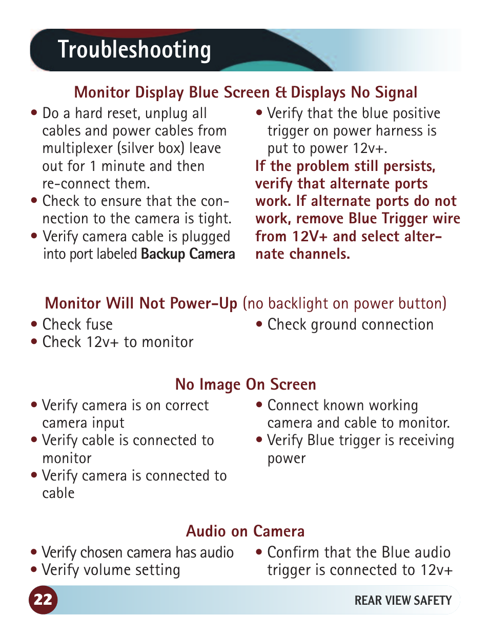 Troubleshooting | RearviewSafety RVS-770615 User Manual | Page 22 / 27
