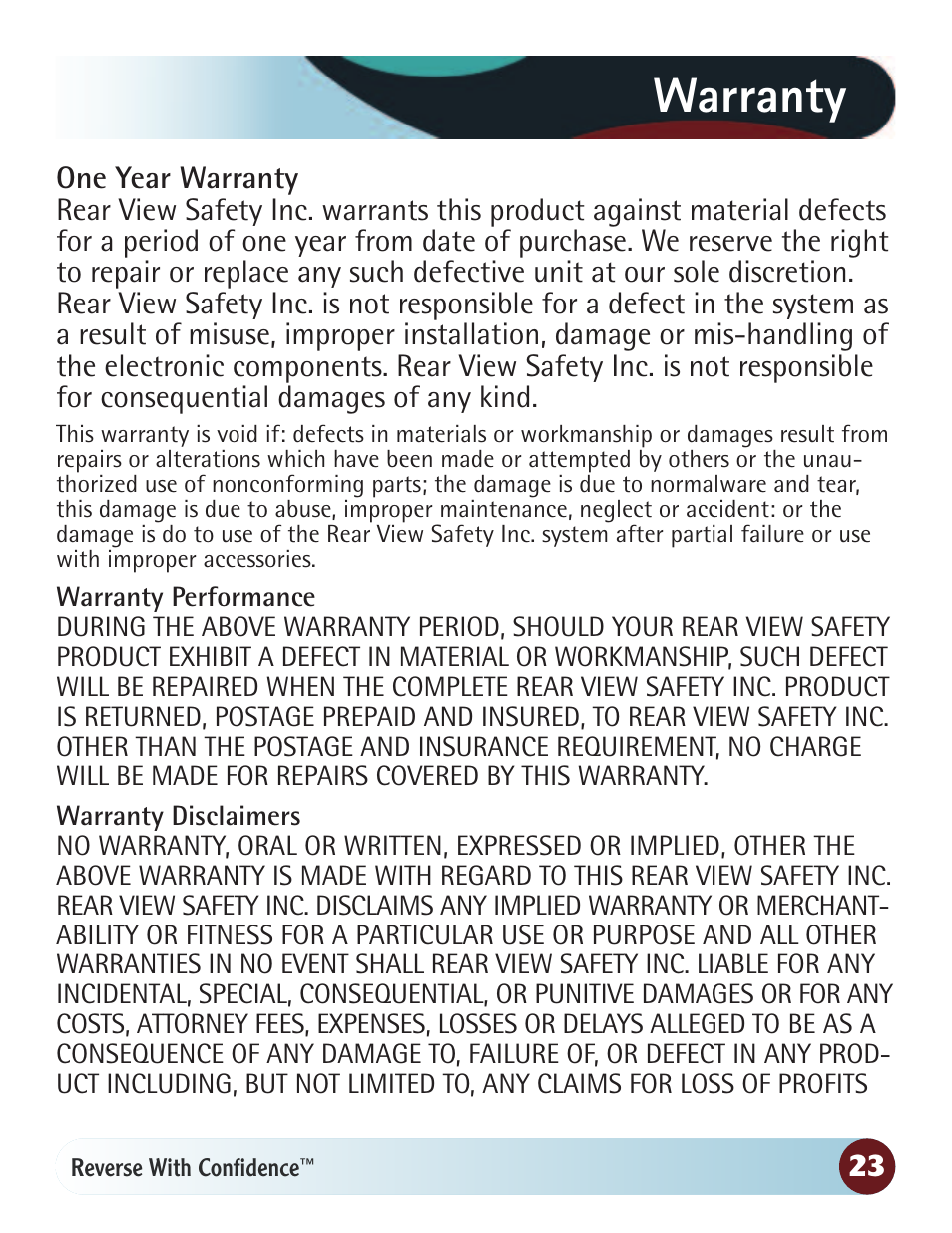 Warranty | RearviewSafety RVS-770615 User Manual | Page 23 / 27