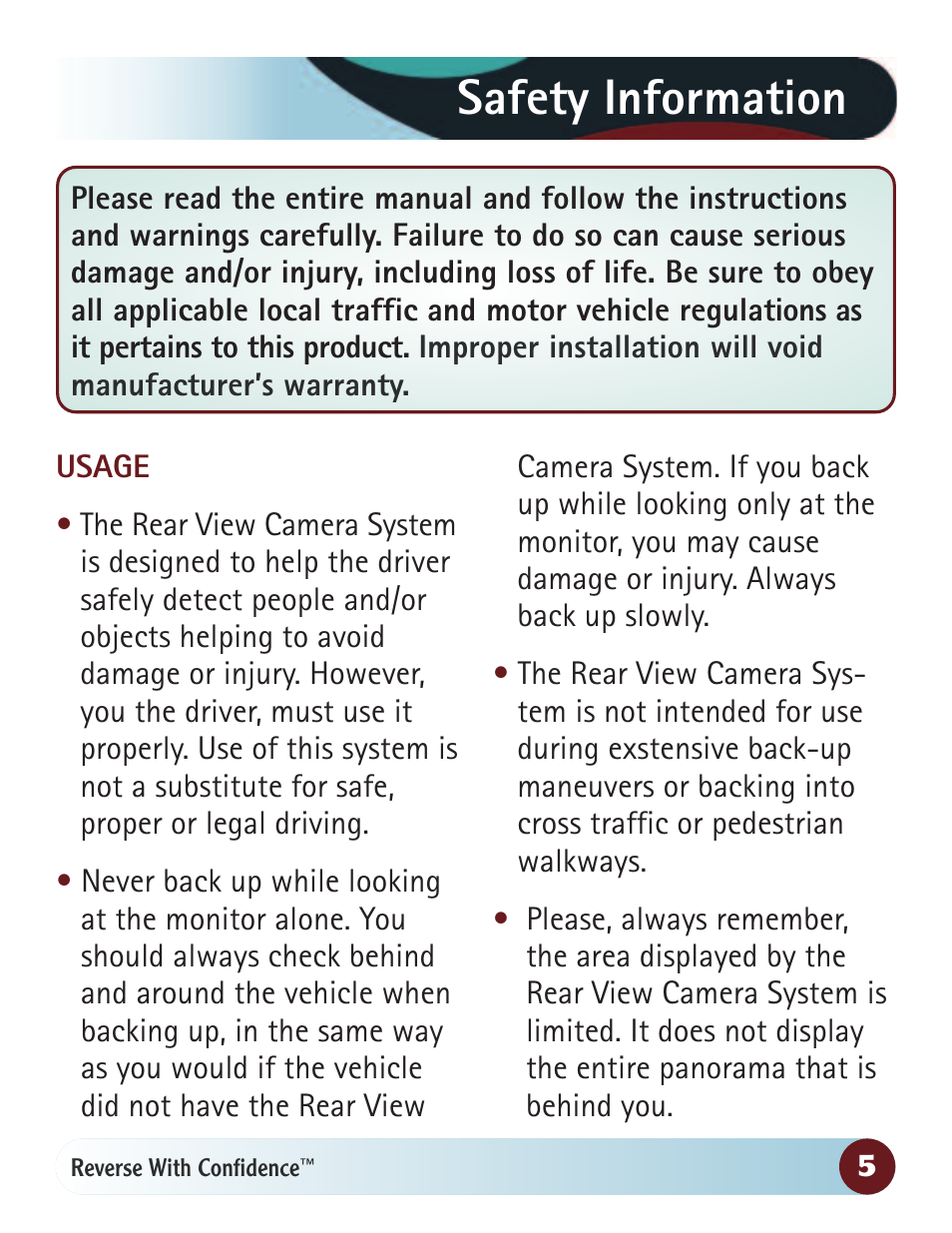 Safety information | RearviewSafety RVS-770615 User Manual | Page 5 / 27