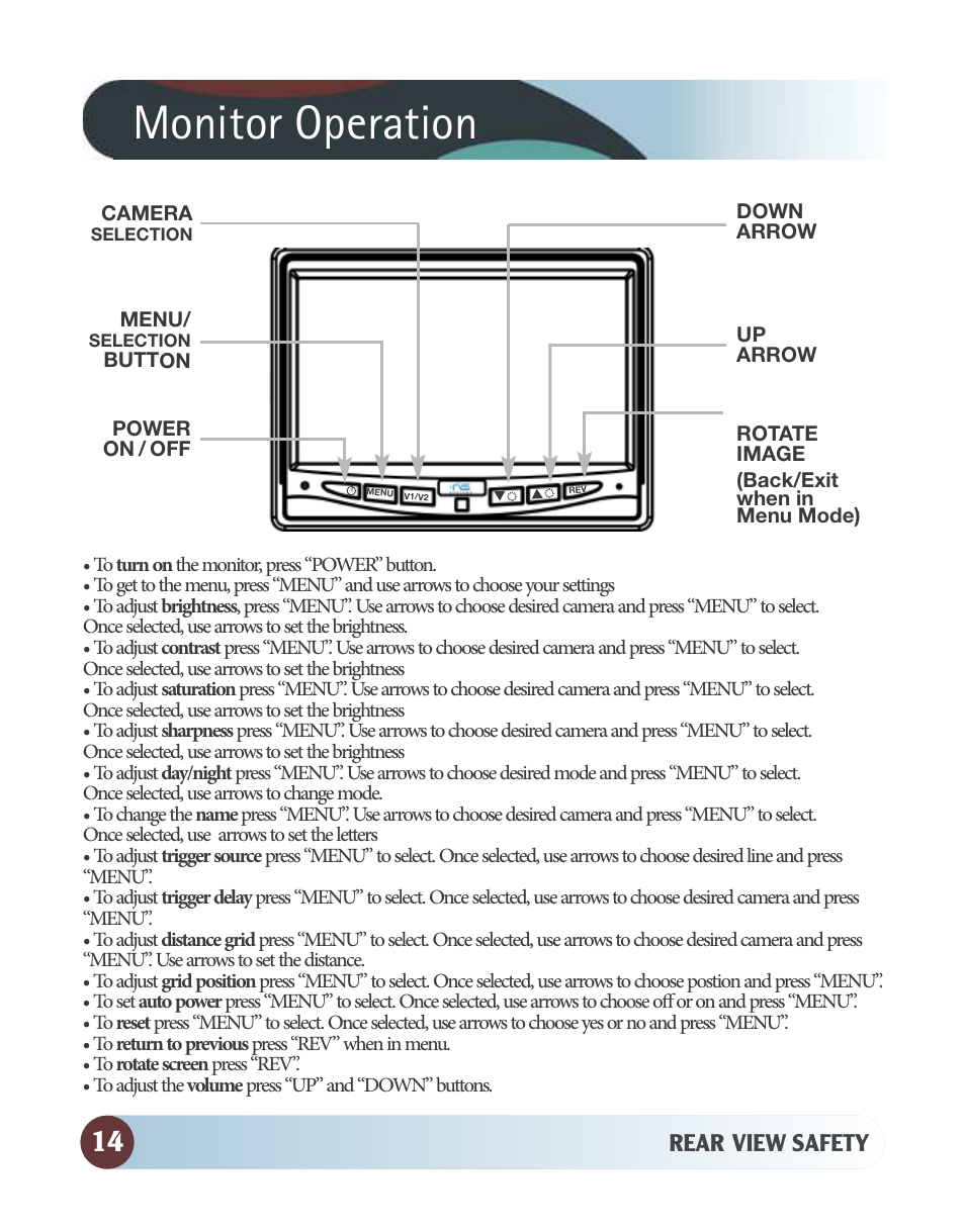 Monitor operation | RearviewSafety RVS-770614 User Manual | Page 14 / 26