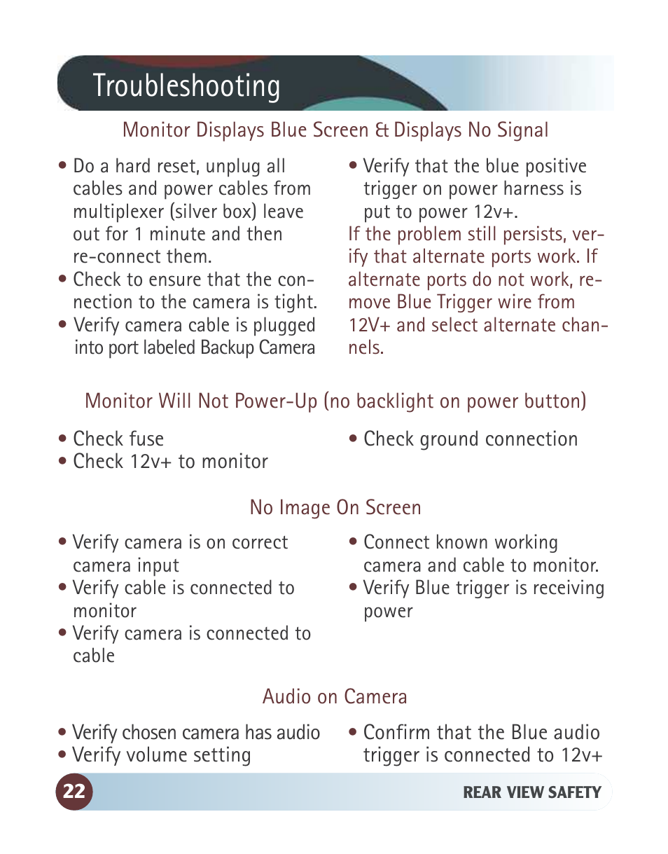 Troubleshooting | RearviewSafety RVS-770614 User Manual | Page 22 / 26