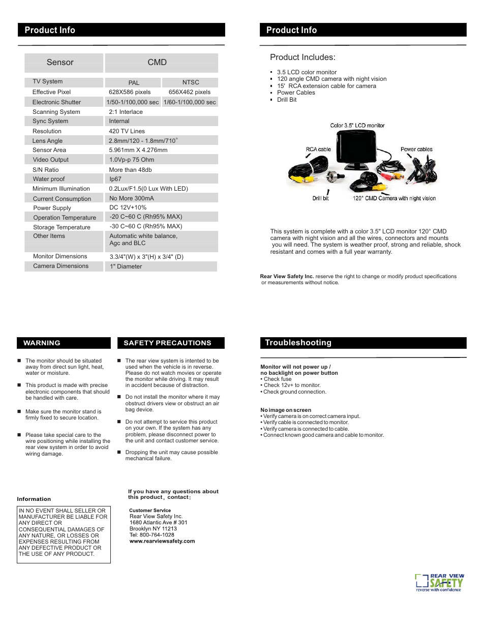Product info, Troubleshooting, Sensor | Product includes | RearviewSafety RVS-770617N User Manual | Page 2 / 2
