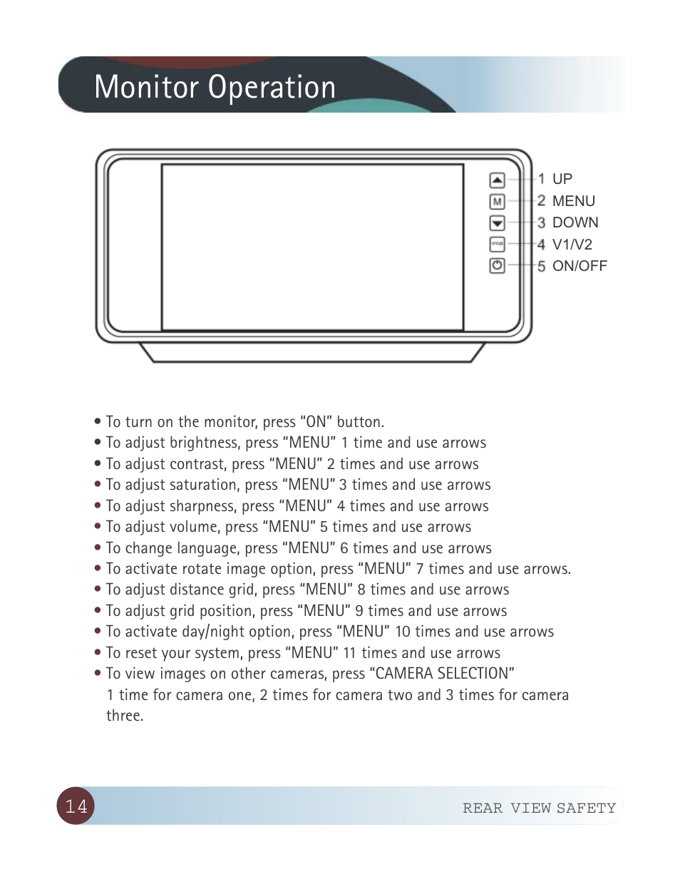 Monitor operation | RearviewSafety RVS-770619P User Manual | Page 14 / 27