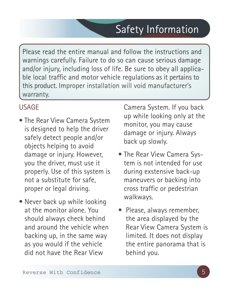 Safety information | RearviewSafety RVS-770619P User Manual | Page 5 / 27