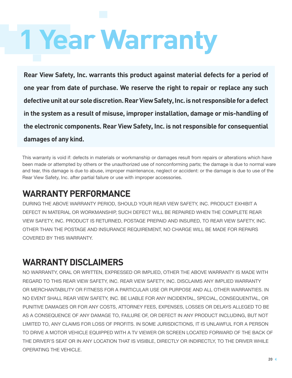 1 year warranty, Warranty performance, Warranty disclaimers | RearviewSafety RVS-7707721 User Manual | Page 20 / 21