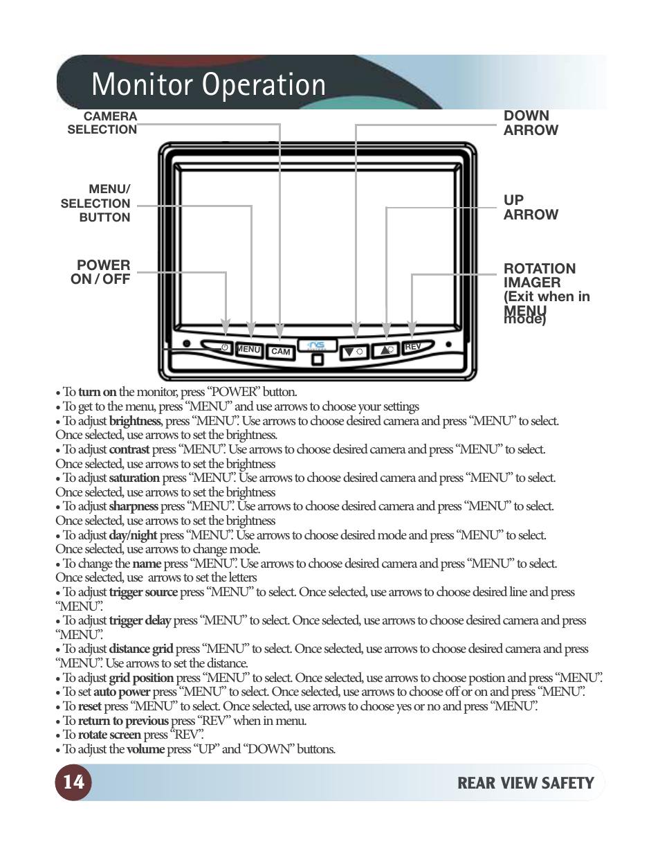 Monitor operation | RearviewSafety RVS-770812N User Manual | Page 14 / 26