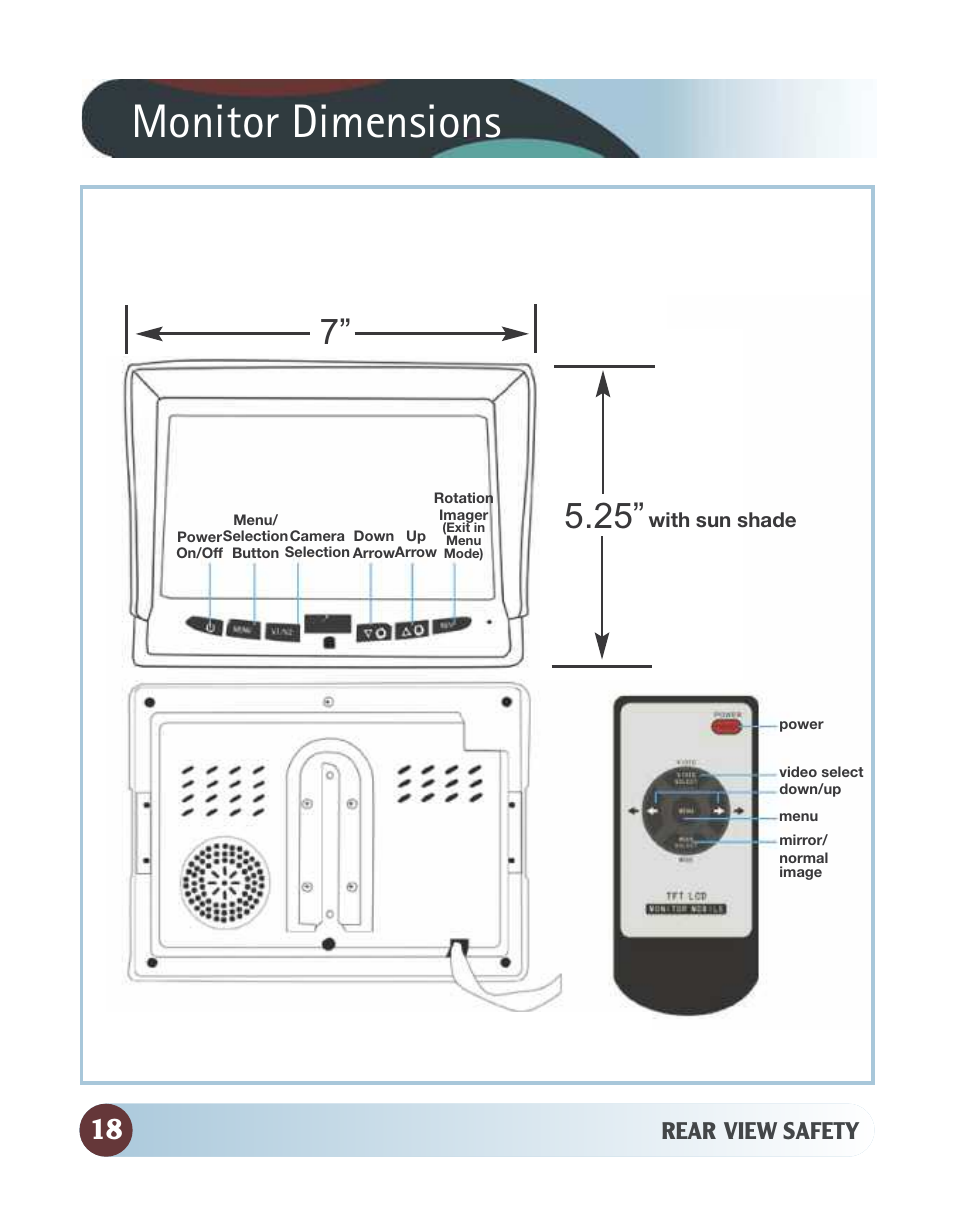 Monitor dimensions, Rear view safety | RearviewSafety RVS-770812N User Manual | Page 18 / 26