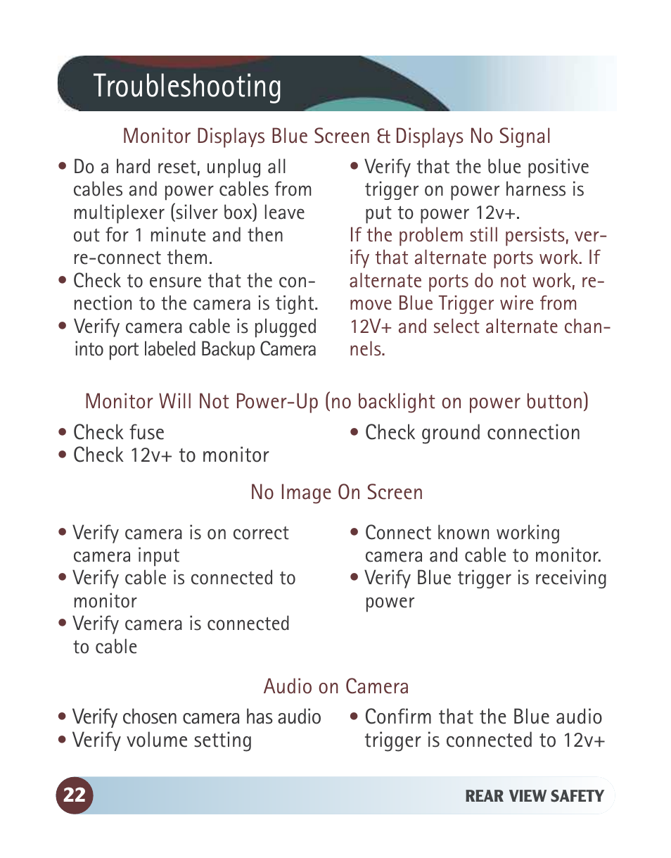 Troubleshooting | RearviewSafety RVS-770812N User Manual | Page 22 / 26