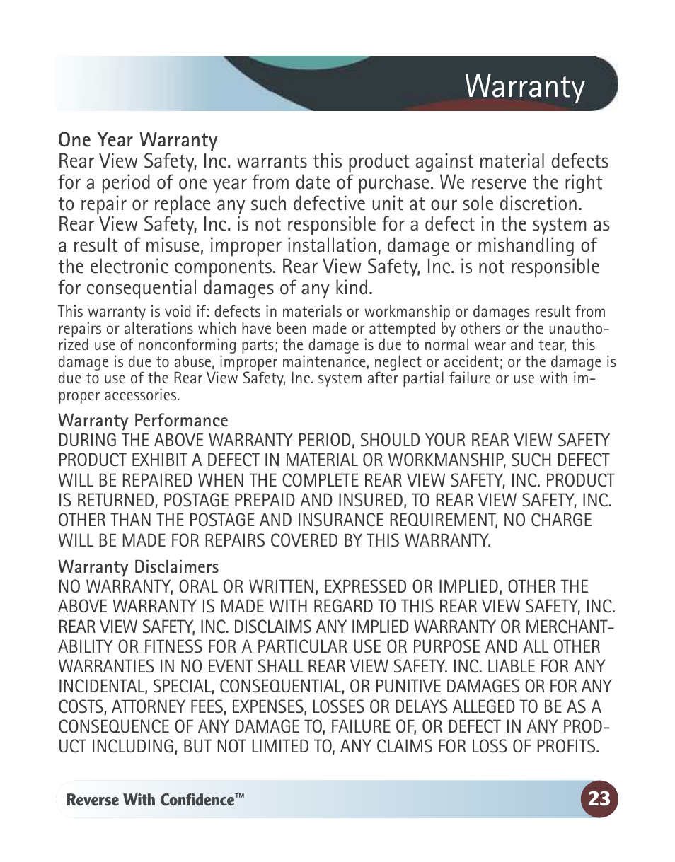 Warranty | RearviewSafety RVS-770812N User Manual | Page 23 / 26