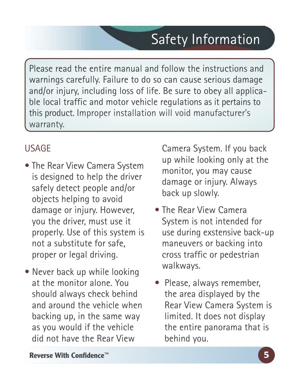 Safety information | RearviewSafety RVS-770812N User Manual | Page 5 / 26