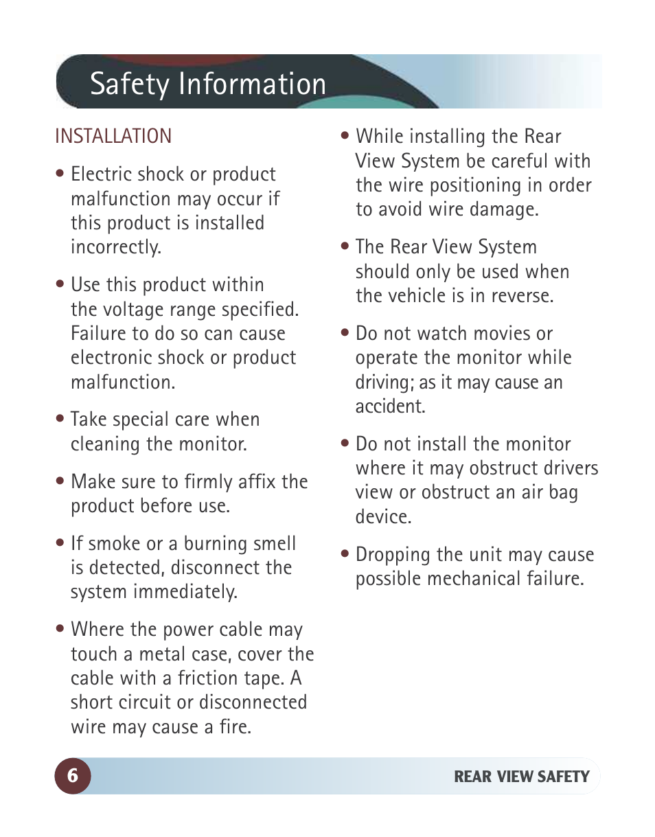 Safety information | RearviewSafety RVS-770812N User Manual | Page 6 / 26