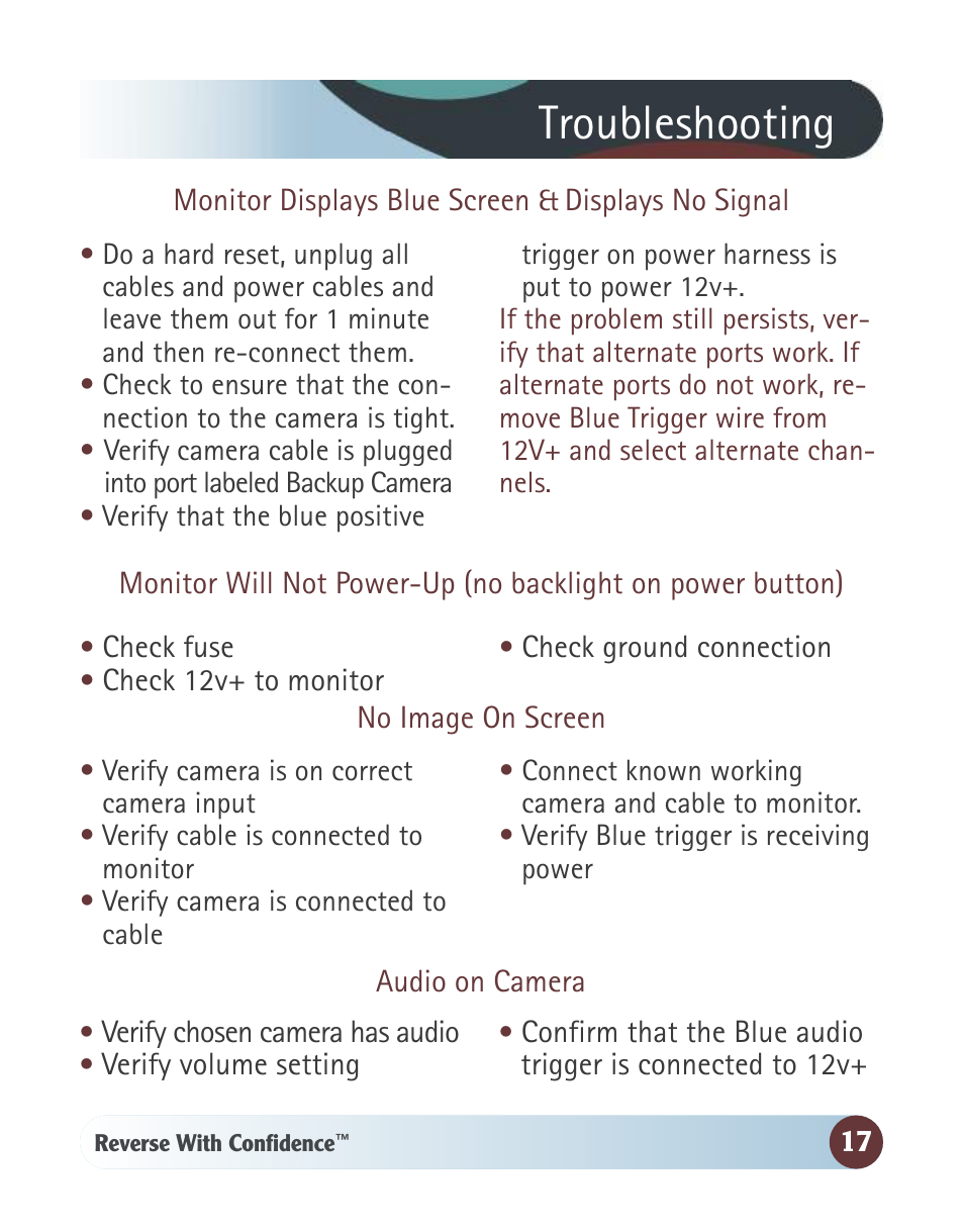 Troubleshooting | RearviewSafety RVS-062710 User Manual | Page 17 / 26
