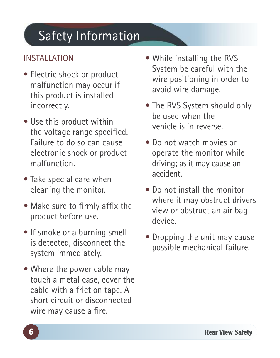 Safety information | RearviewSafety RVS-062710 User Manual | Page 6 / 26