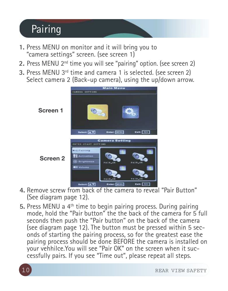 Pairing | RearviewSafety RVS-W-CAM User Manual | Page 10 / 23