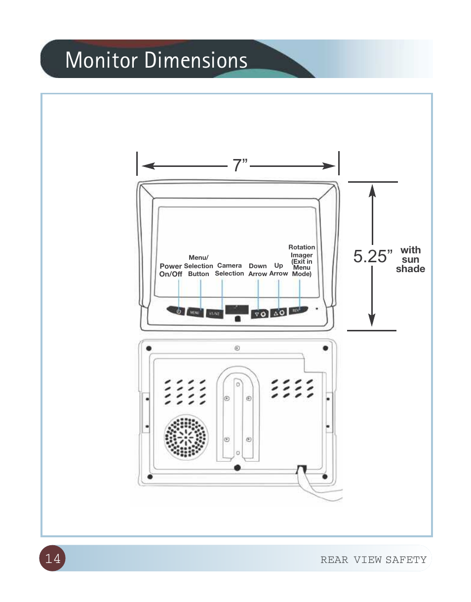 Monitor dimensions, Rear view safety | RearviewSafety RVS-W-CAM User Manual | Page 14 / 23