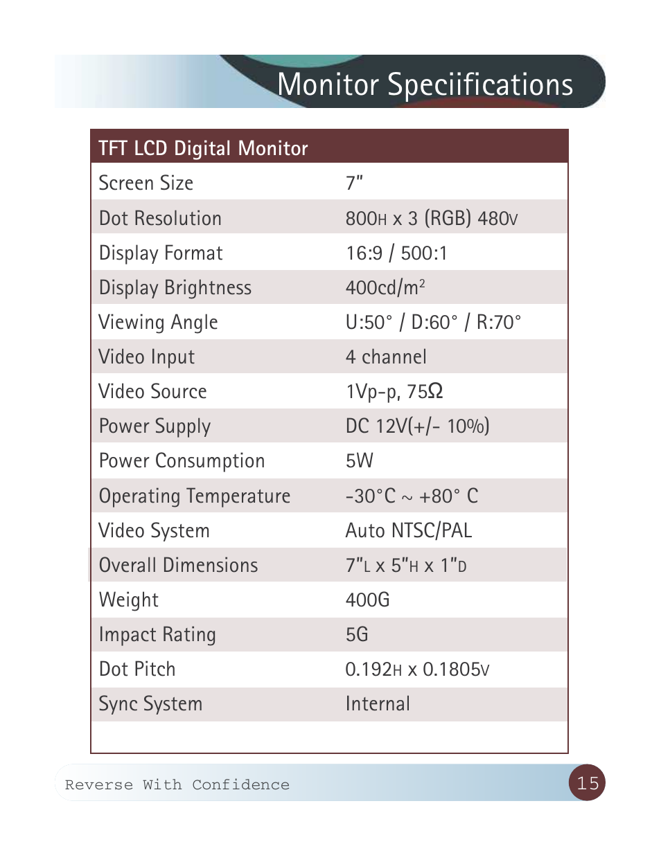 Monitor speciifications | RearviewSafety RVS-W-CAM User Manual | Page 15 / 23
