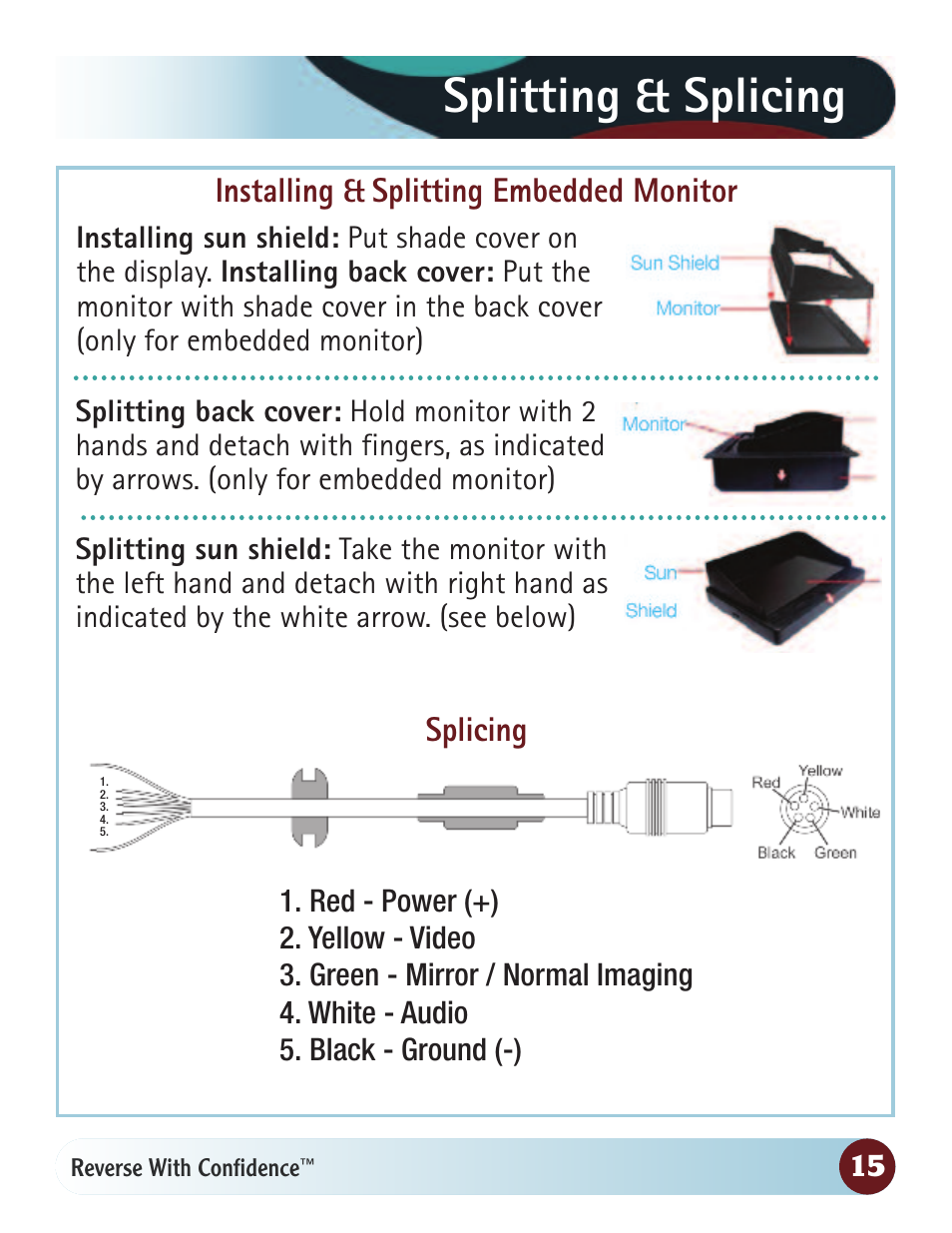 Splitting & splicing, Installing & splitting embedded monitor, Splicing | RearviewSafety RVS-770616N User Manual | Page 15 / 27