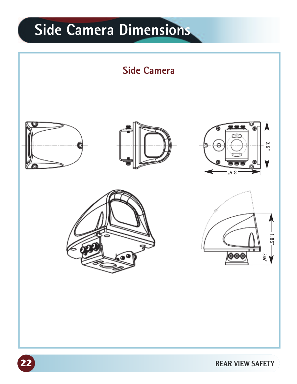 Side camera dimensions, Side camera, Rear view safety | RearviewSafety RVS-770616N User Manual | Page 22 / 27