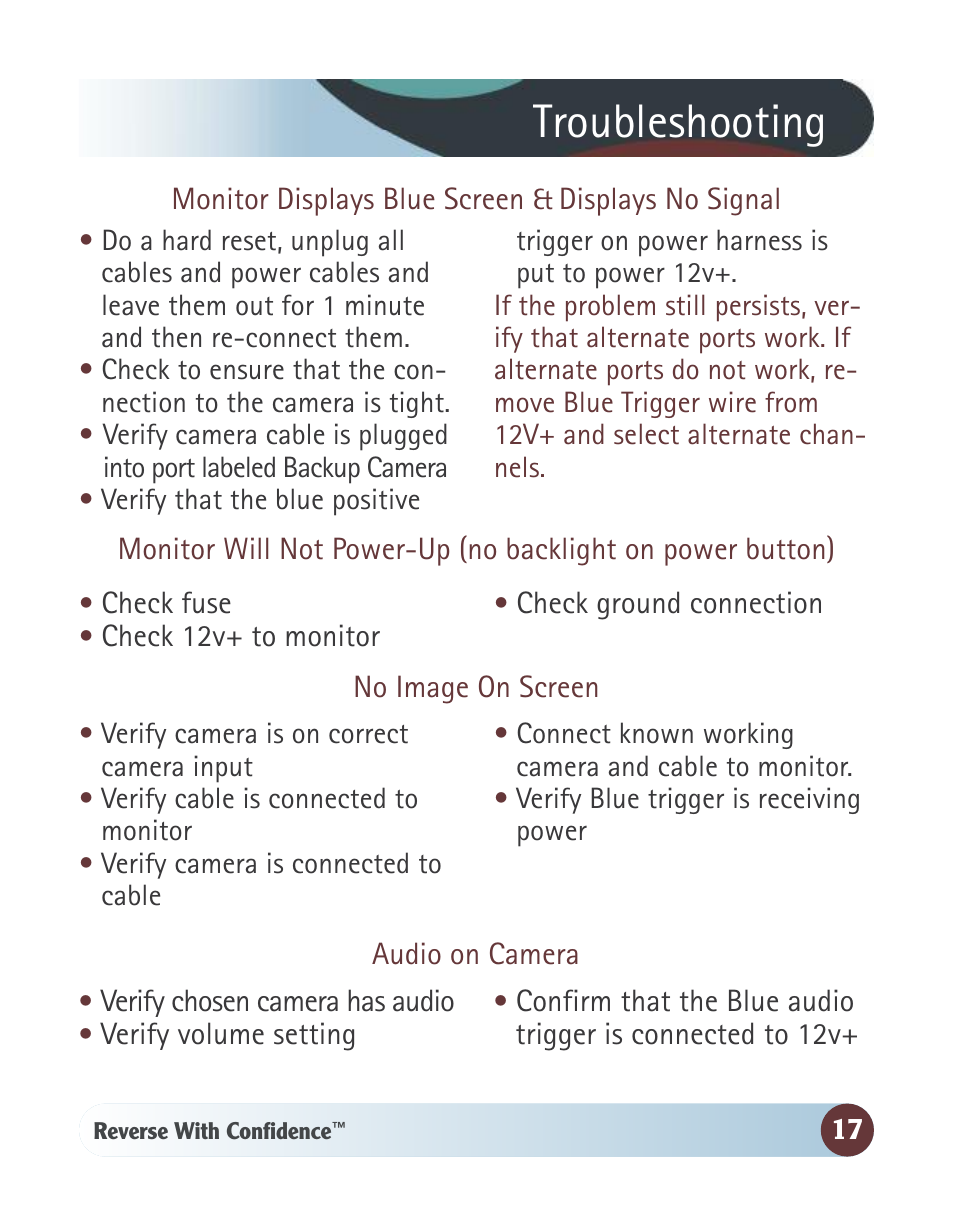 Troubleshooting | RearviewSafety RVS-770613-213 User Manual | Page 17 / 24