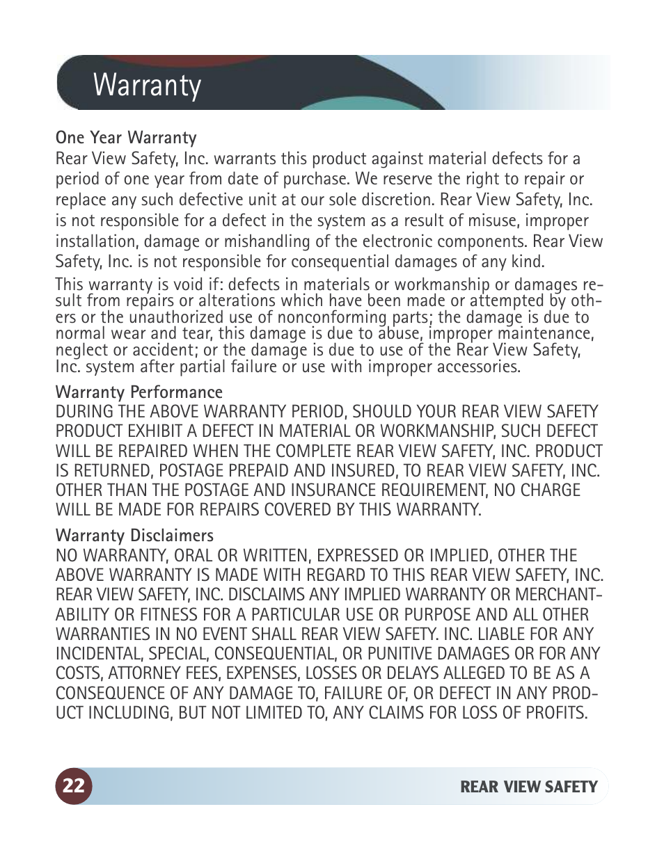 Warranty | RearviewSafety RVS-770613-213 User Manual | Page 22 / 24