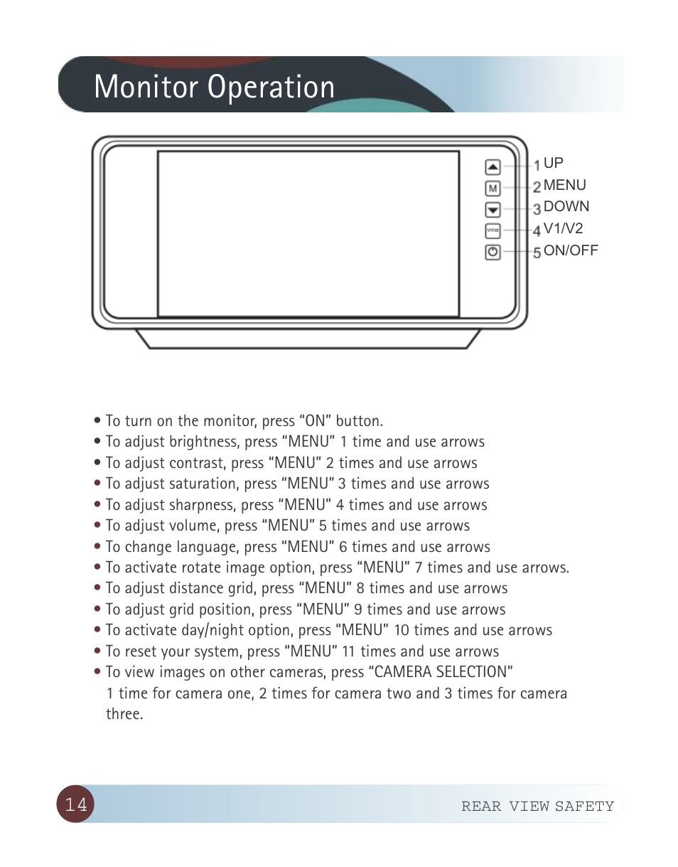 Monitor operation | RearviewSafety RVS-770913 User Manual | Page 14 / 27