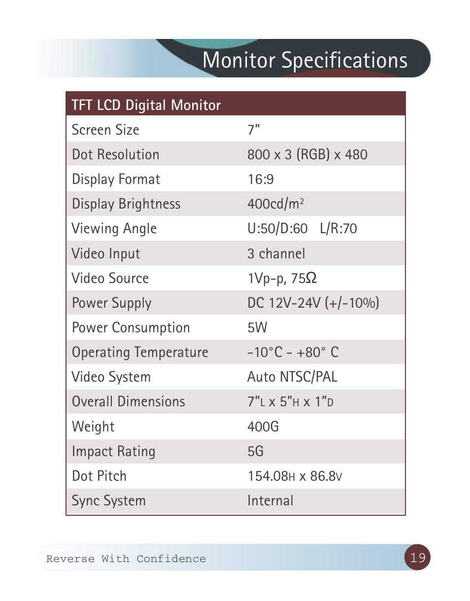 Monitor specifications | RearviewSafety RVS-770913 User Manual | Page 19 / 27