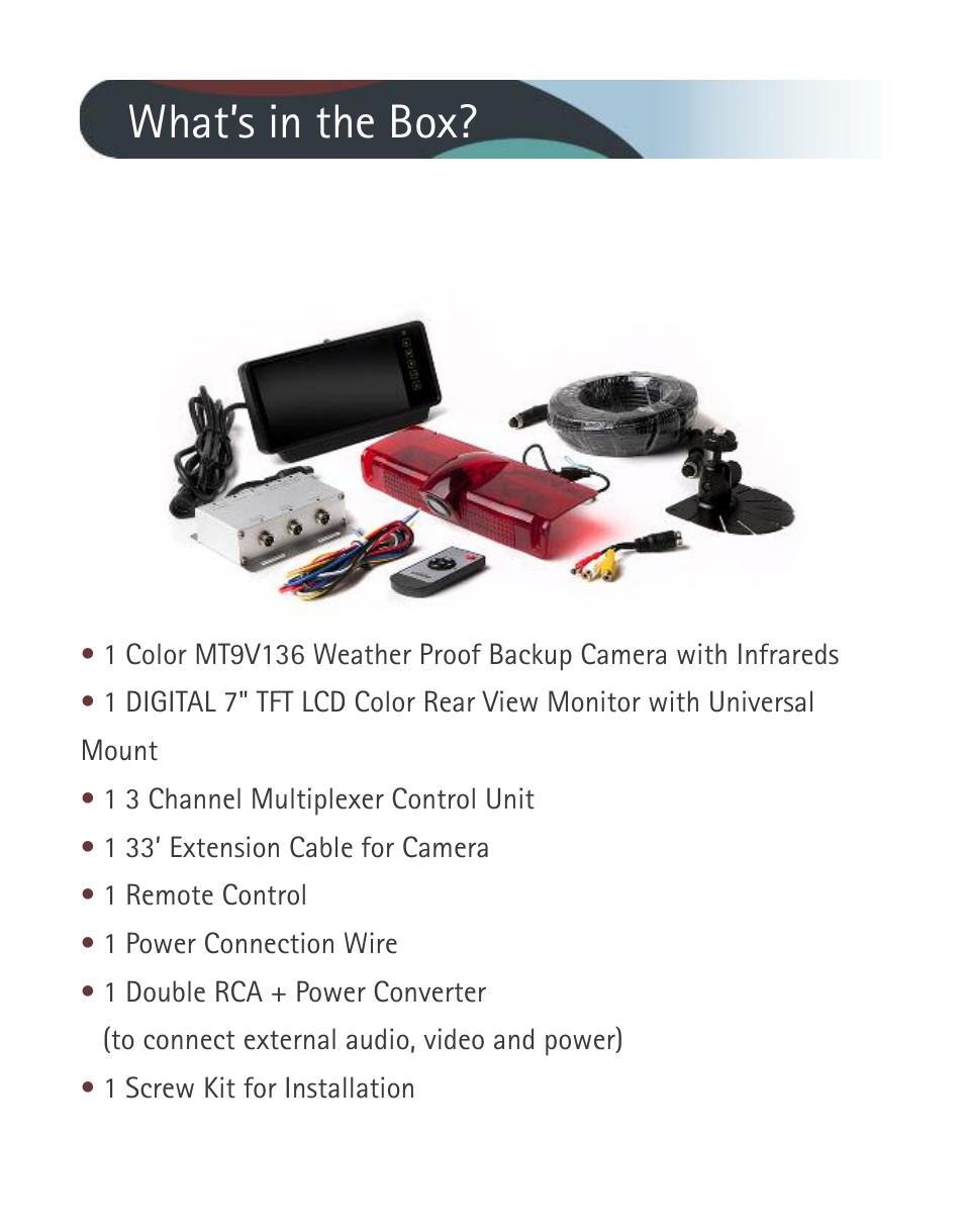 What’s in the box | RearviewSafety RVS-770913 User Manual | Page 2 / 27