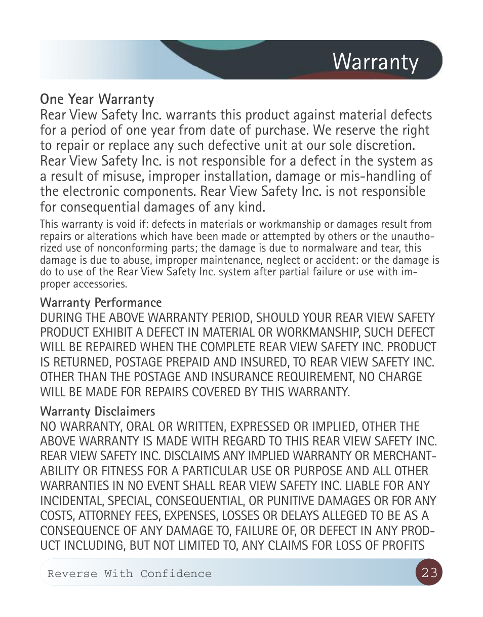 Warranty | RearviewSafety RVS-770913 User Manual | Page 23 / 27