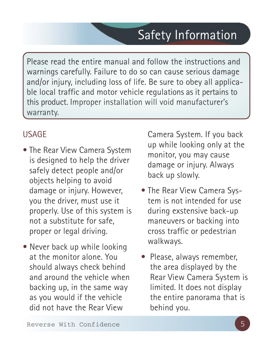 Safety information | RearviewSafety RVS-770913 User Manual | Page 5 / 27