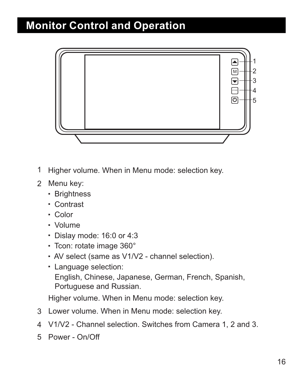 Monitor control and operation, Brightness, Contrast | Color, Volume, Tcon: rotate image 360, Av select (same as v1/v2 - channel selection) | RearviewSafety RVS-770619N User Manual | Page 16 / 21