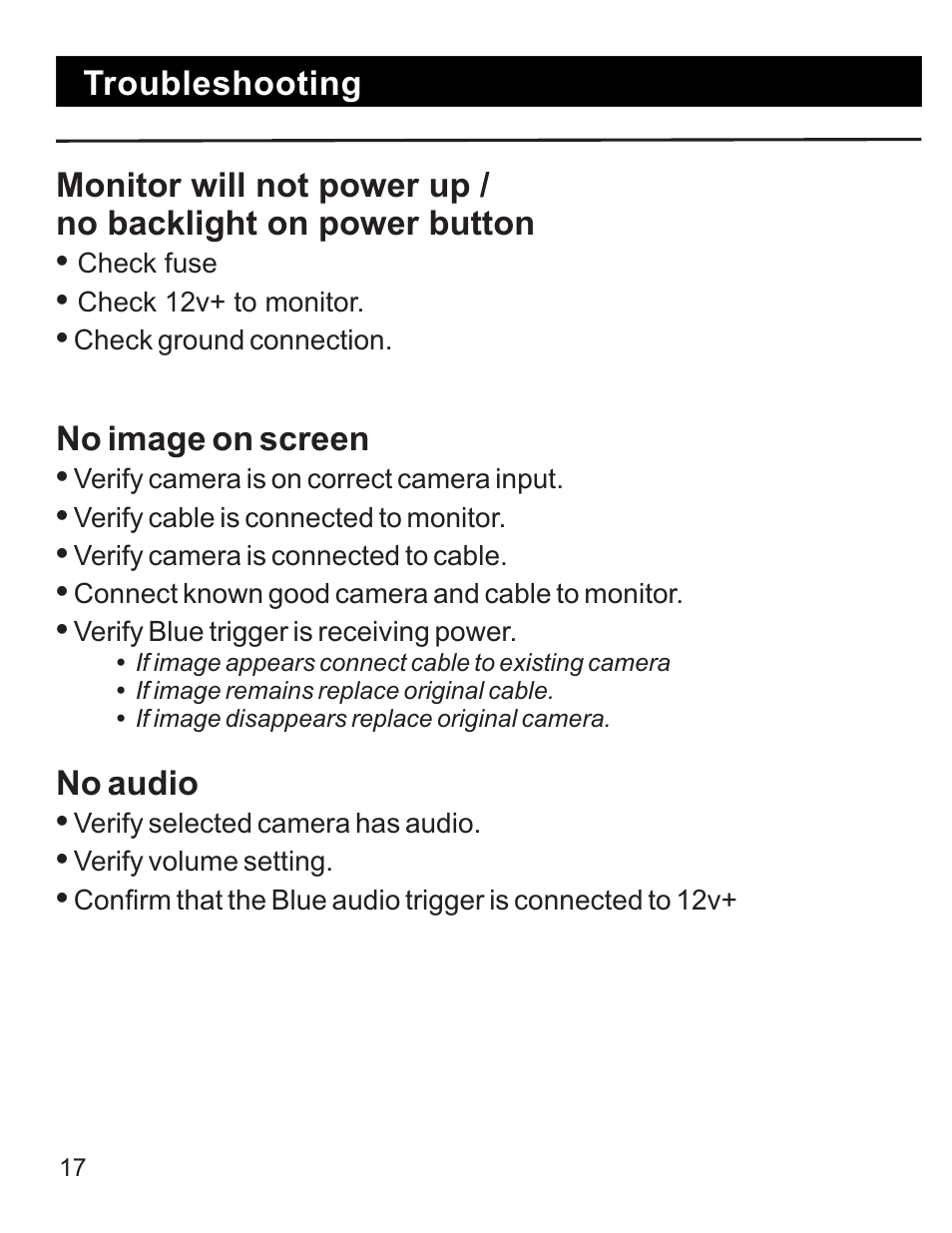 Troubleshooting, No image on screen, No audio | RearviewSafety RVS-770619N User Manual | Page 17 / 21