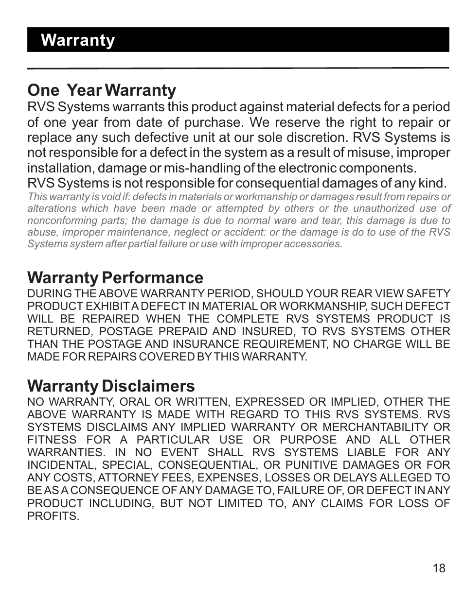 Warranty, One year warranty, Warranty performance | Warranty disclaimers | RearviewSafety RVS-770619N User Manual | Page 18 / 21