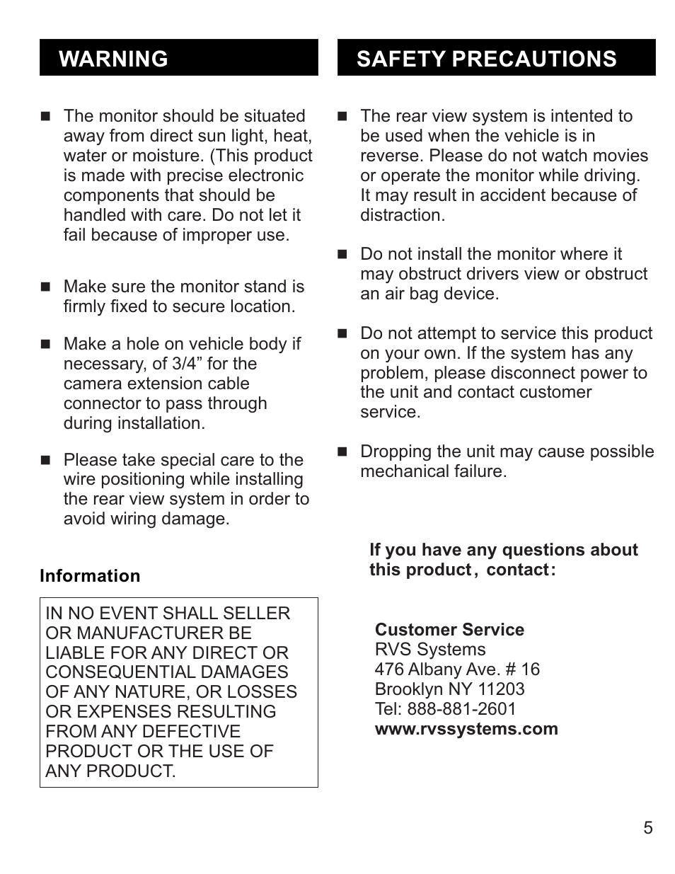 Warning, Safety precautions | RearviewSafety RVS-770619N User Manual | Page 5 / 21