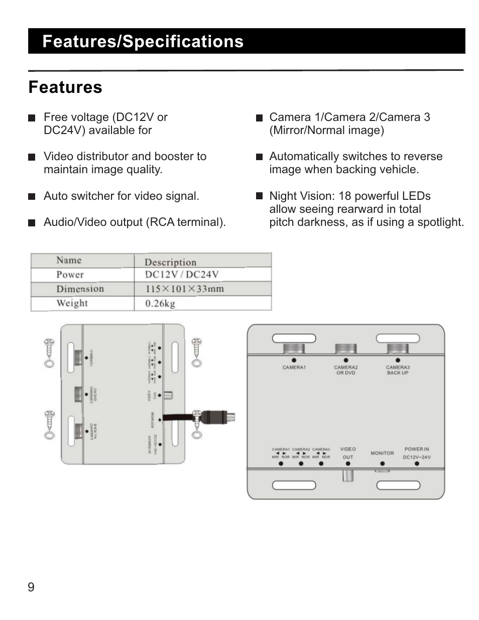 Features/specifications, Features | RearviewSafety RVS-770619N User Manual | Page 9 / 21