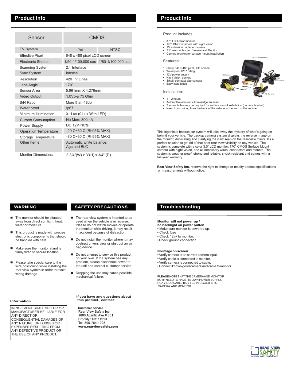 Product info, Troubleshooting, Sensor | Cmos | RearviewSafety RVS-773617N User Manual | Page 2 / 2
