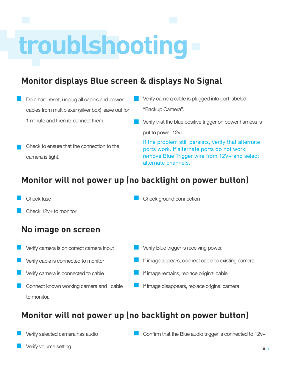 Troublshooting, Monitor displays blue screen & displays no signal, No image on screen | RearviewSafety RVS-776618 User Manual | Page 18 / 20