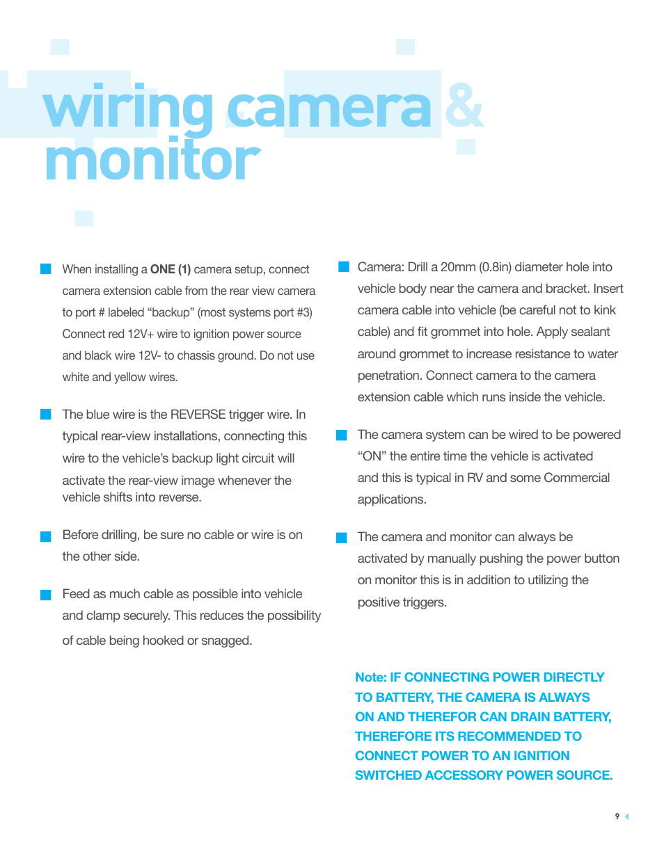 Wiring camera & monitor | RearviewSafety RVS-776618 User Manual | Page 9 / 20