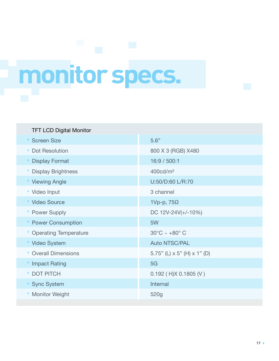 Monitor specs | RearviewSafety RVS-7706033 User Manual | Page 17 / 21